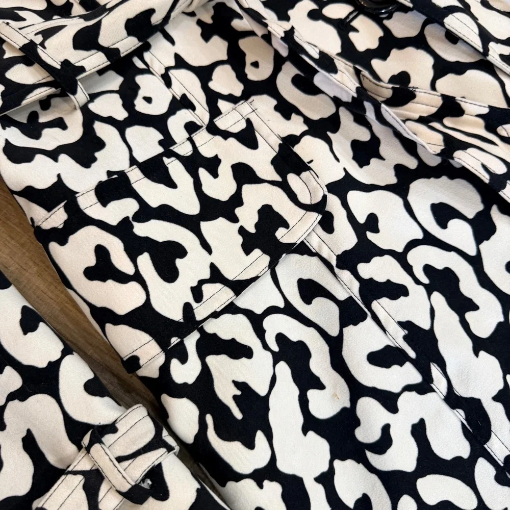 Alberto Makali Black White Leopard Print Belted Trench Coat Lined Size 8